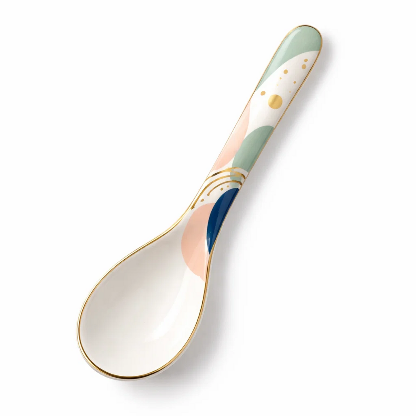 Modern Ceramic Spoon with Gold Rim, Abstract Color Pattern