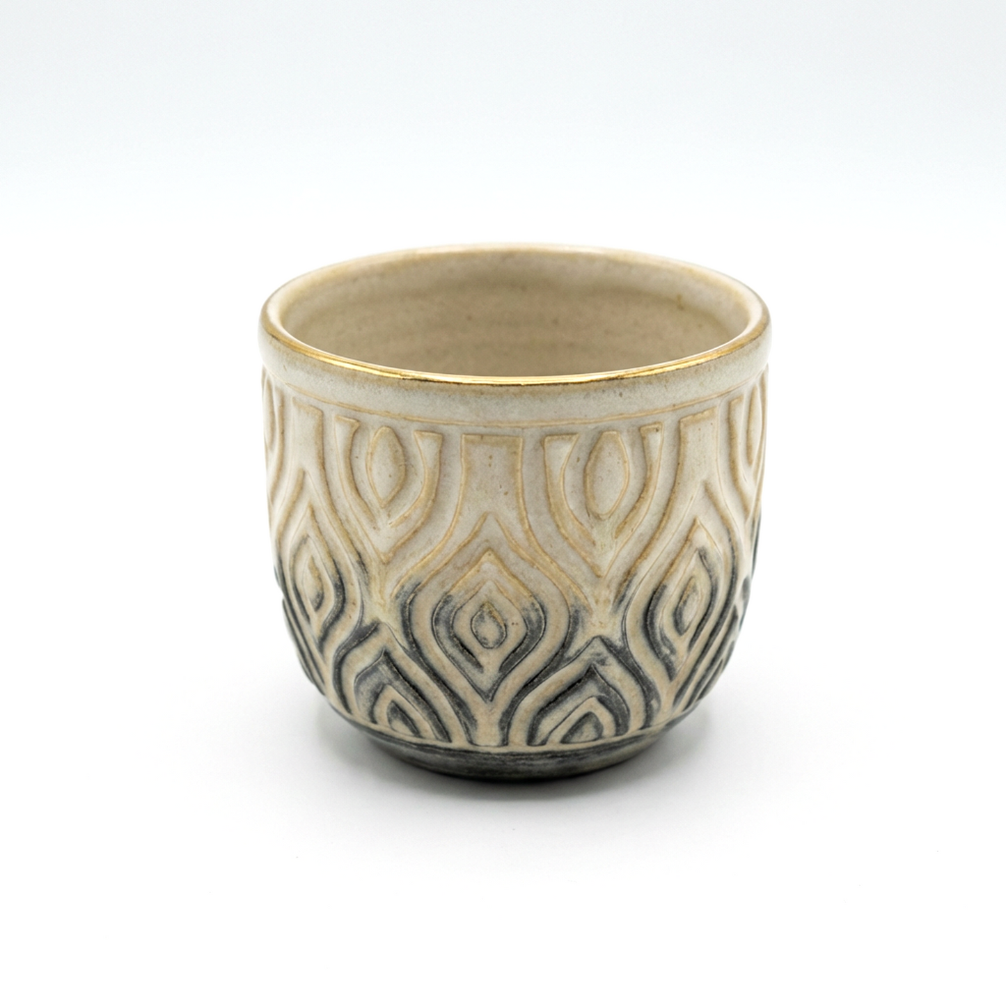 Embossed Ceramic Tumbler Cup with Gold Rim, Neutral Two-Tone Glaze
