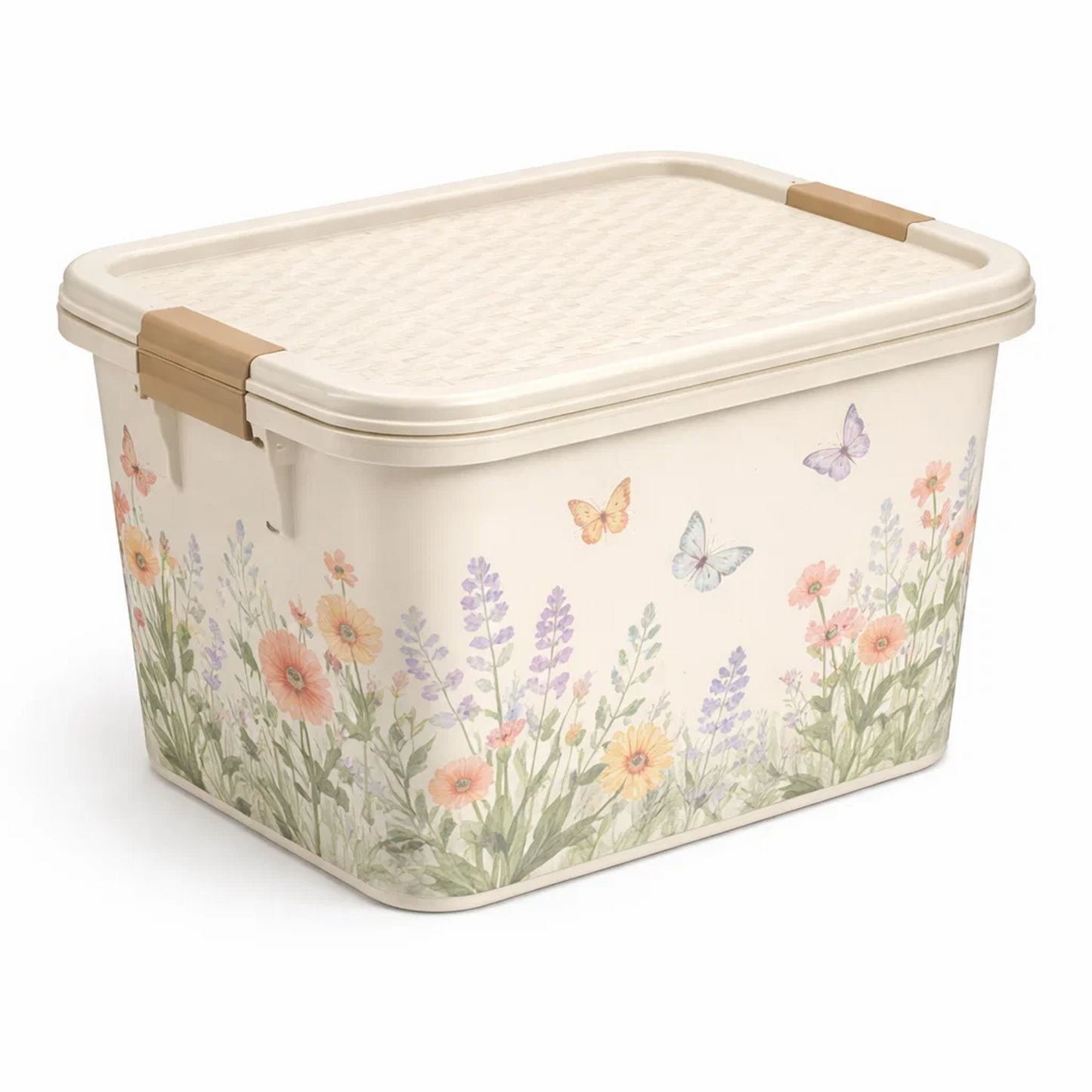 Floral Storage Bin with Locking Lid, Rectangular Plastic Organizer Box