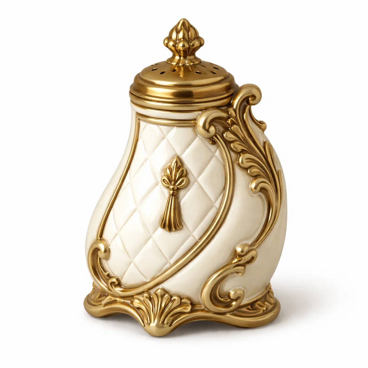 French Vintage Quilted Ceramic Sugar Shaker Jar with Gold Lid & Ornate Base