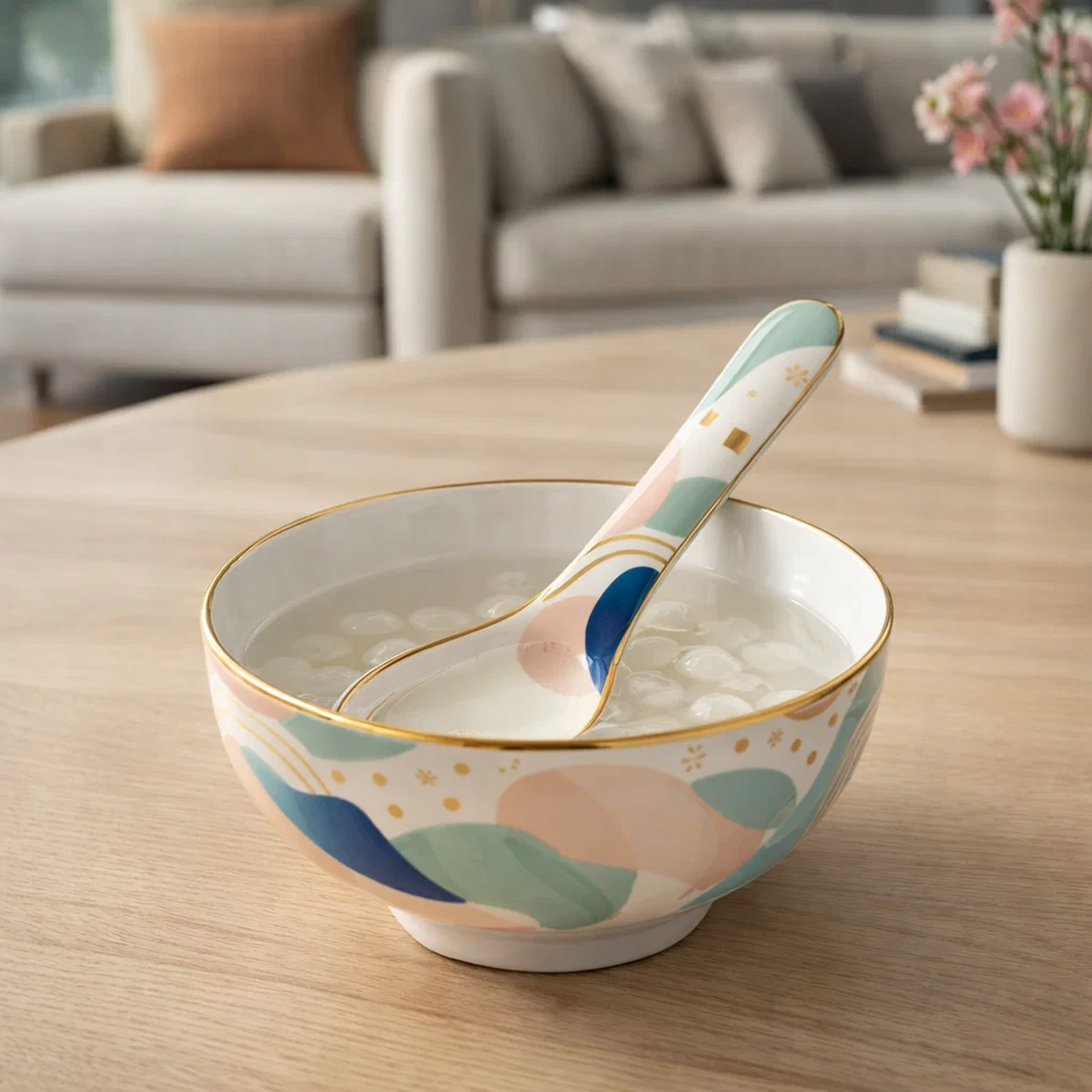 Modern Ceramic Spoon with Gold Rim, Abstract Color Pattern