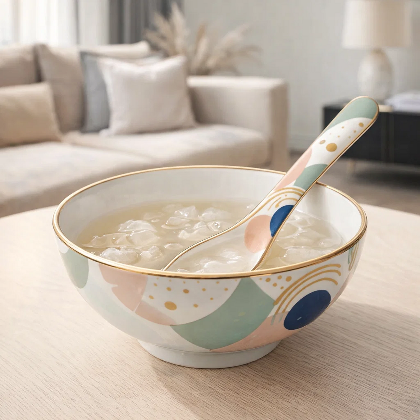 Modern Ceramic Spoon with Gold Rim, Abstract Color Pattern