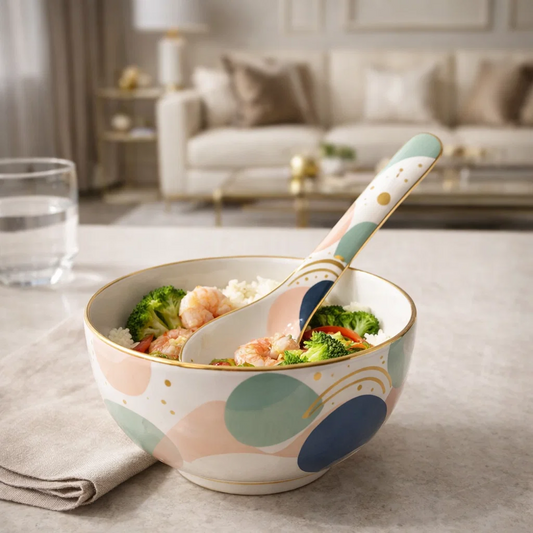 Modern Ceramic Spoon with Gold Rim, Abstract Color Pattern
