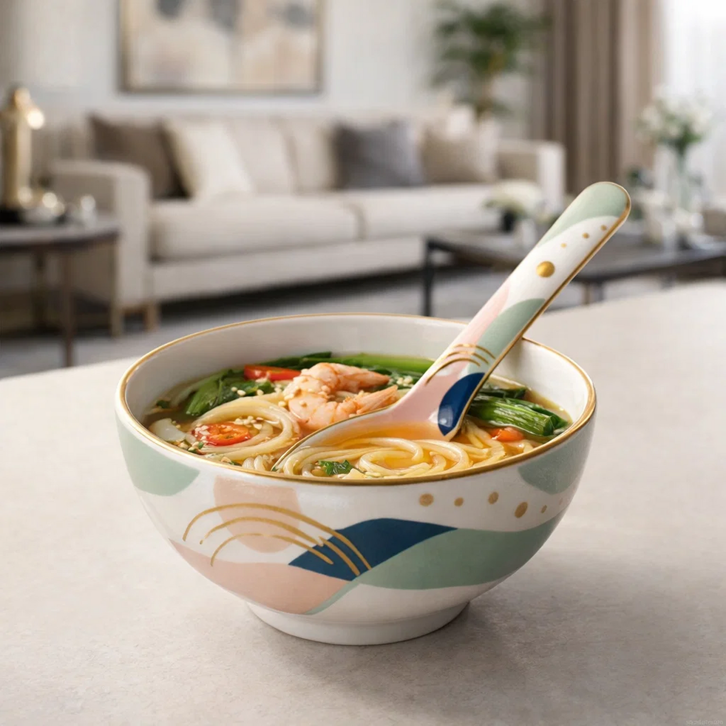 Modern Ceramic Spoon with Gold Rim, Abstract Color Pattern