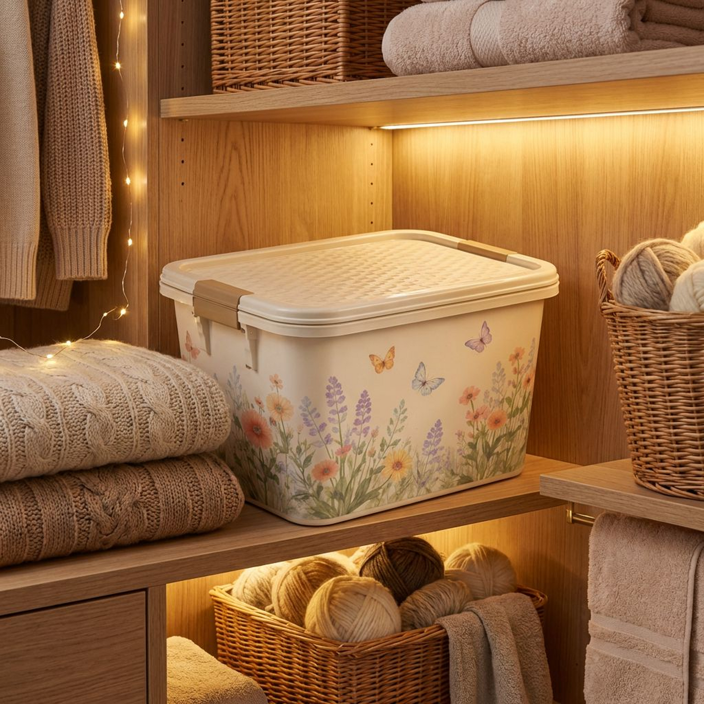 Floral Storage Bin with Locking Lid, Rectangular Plastic Organizer Box