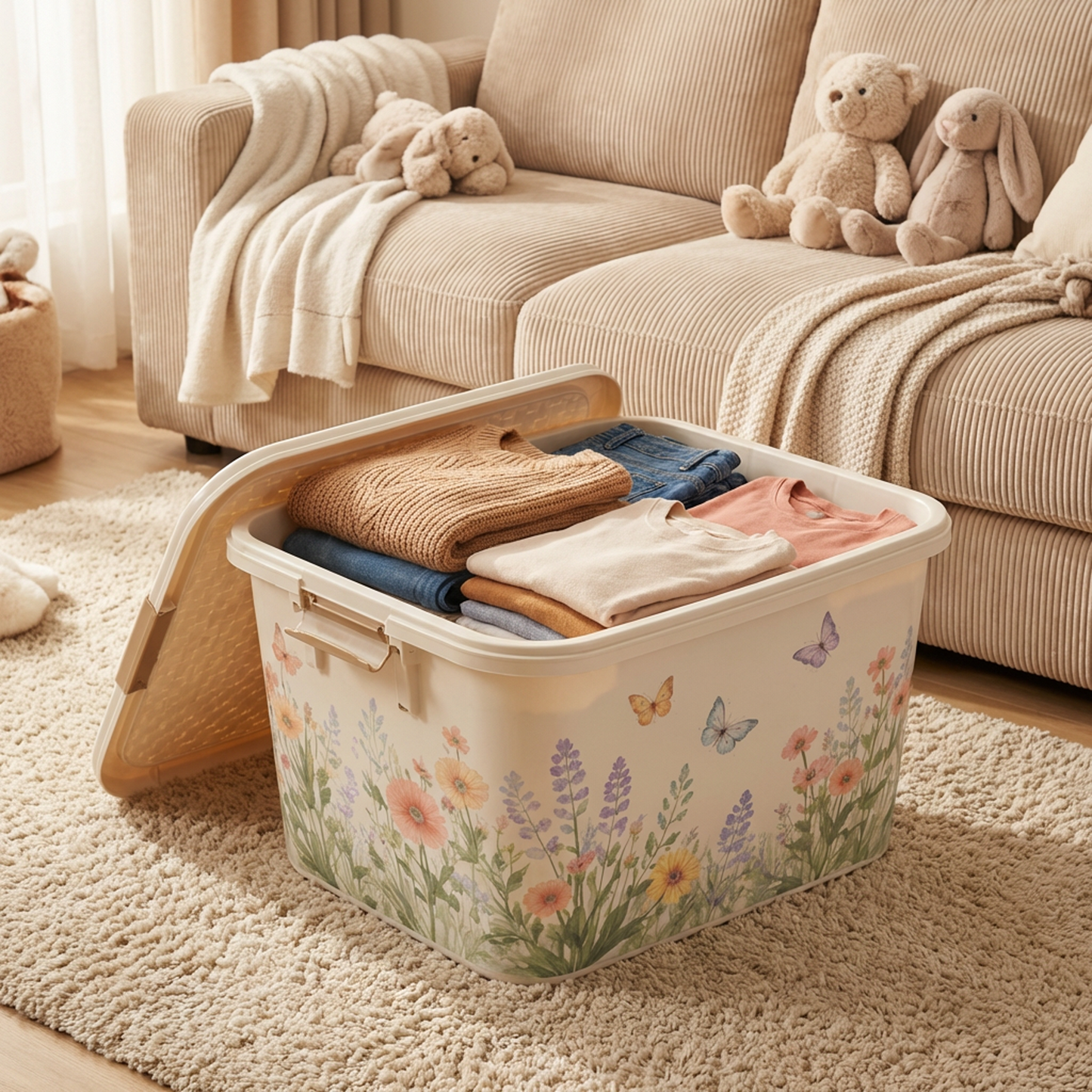 Floral Storage Bin with Locking Lid, Rectangular Plastic Organizer Box