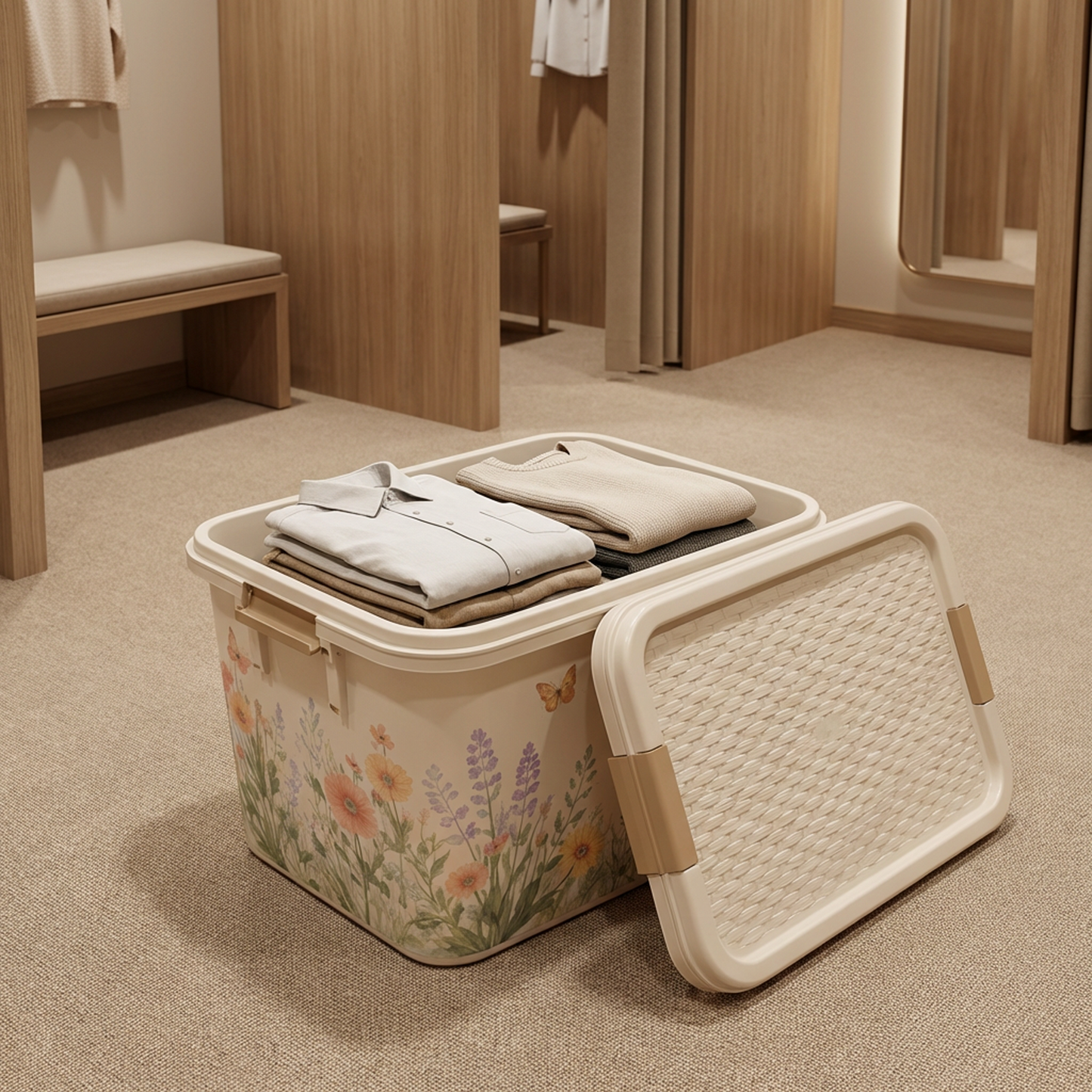 Floral Storage Bin with Locking Lid, Rectangular Plastic Organizer Box