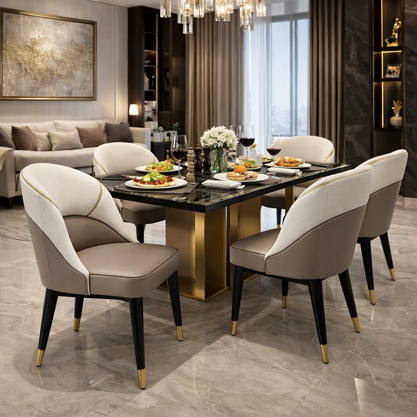 Cream & Mocha Luxe Dining Chair with Gold Trim