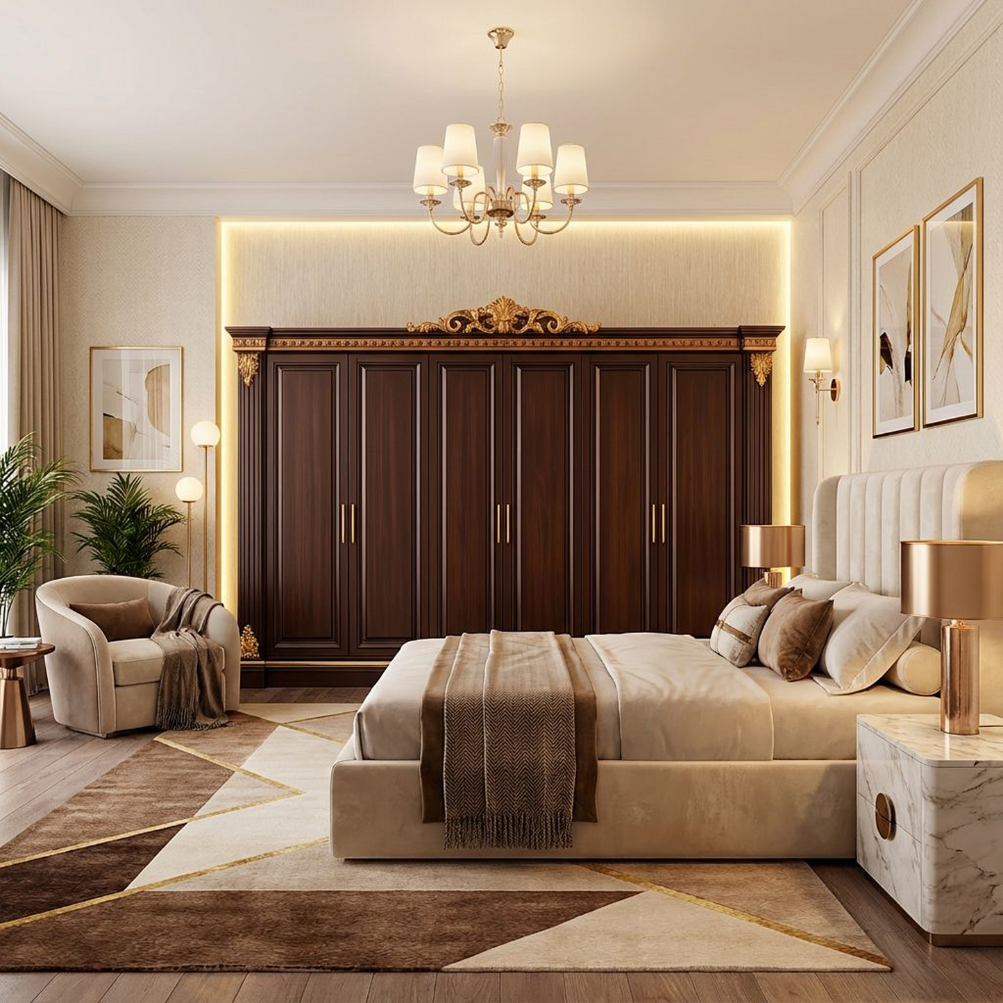 Gilded Regal 6-Door Wardrobe (Walnut & Gold)