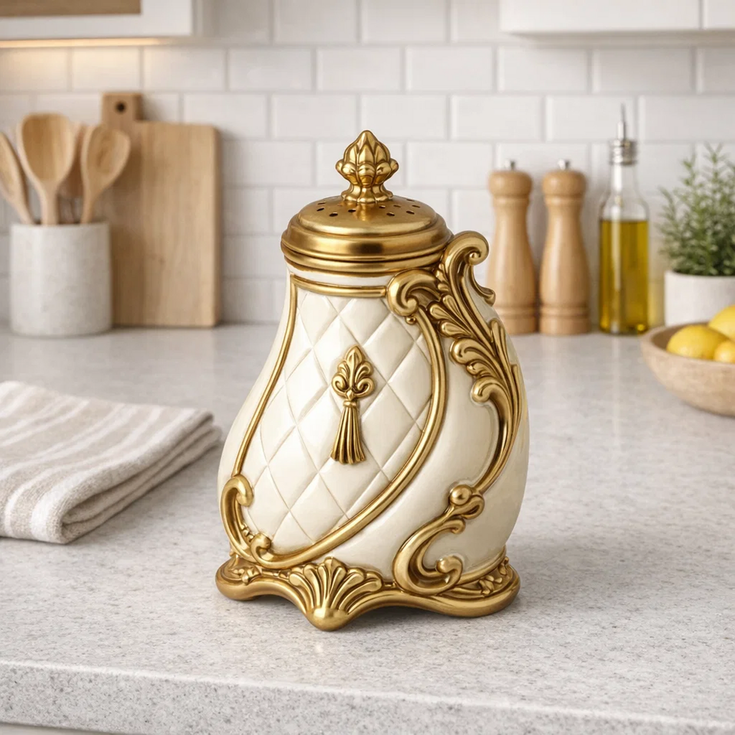 French Vintage Quilted Ceramic Sugar Shaker Jar with Gold Lid & Ornate Base