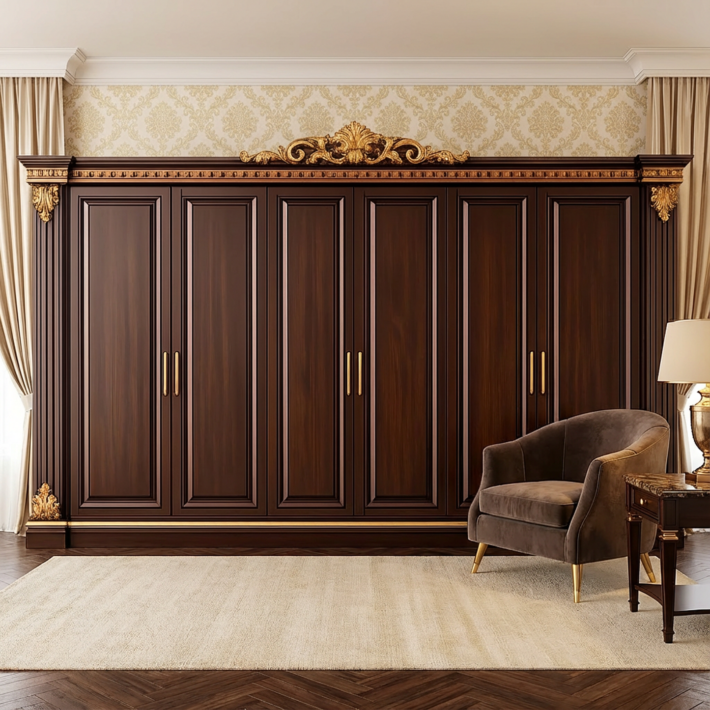 Gilded Regal 6-Door Wardrobe (Walnut & Gold)