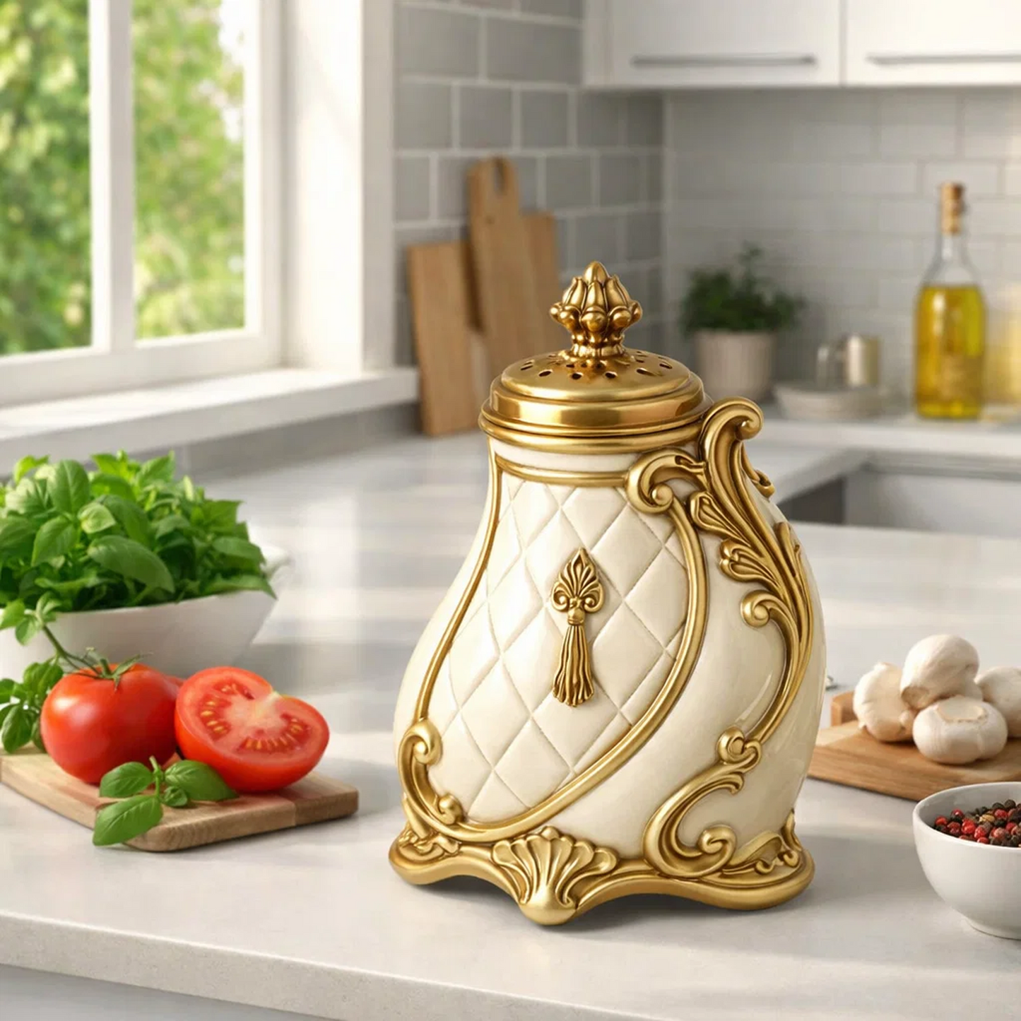 French Vintage Quilted Ceramic Sugar Shaker Jar with Gold Lid & Ornate Base