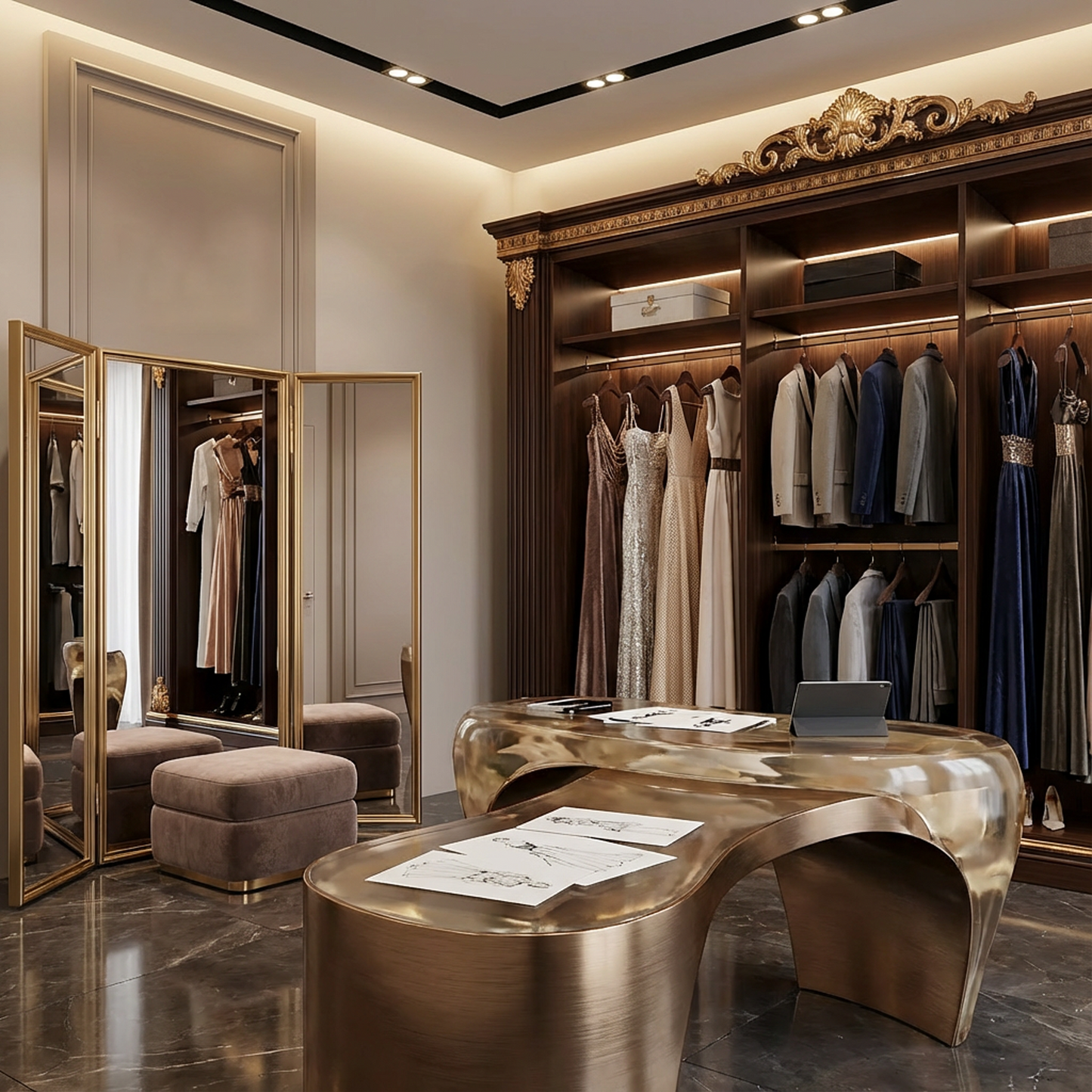 Gilded Regal 6-Door Wardrobe (Walnut & Gold)