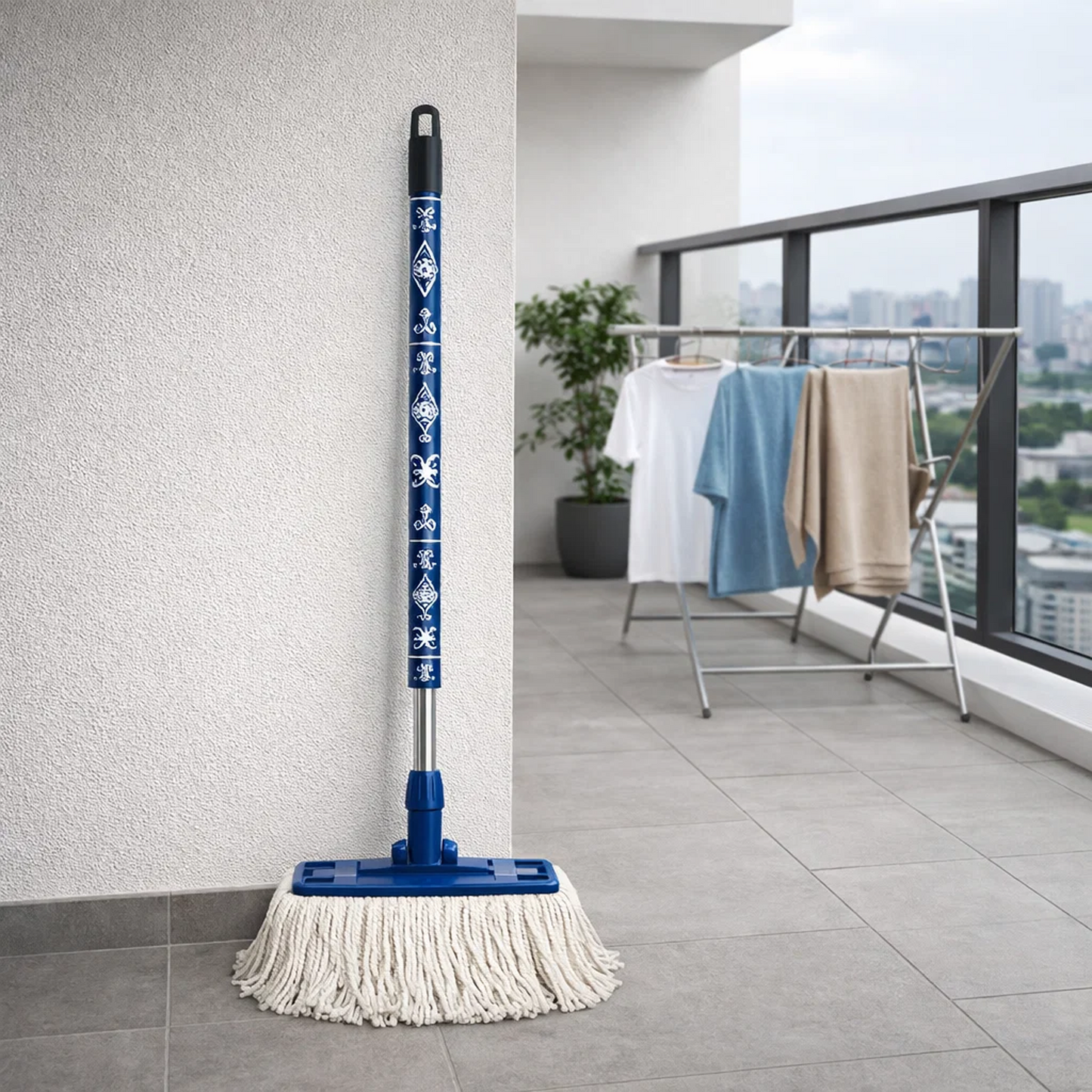 Microfiber String Mop with Patterned Handle, Wet/Dry Floor Cleaning Mop