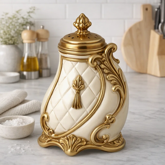 French Vintage Quilted Ceramic Sugar Shaker Jar with Gold Lid & Ornate Base